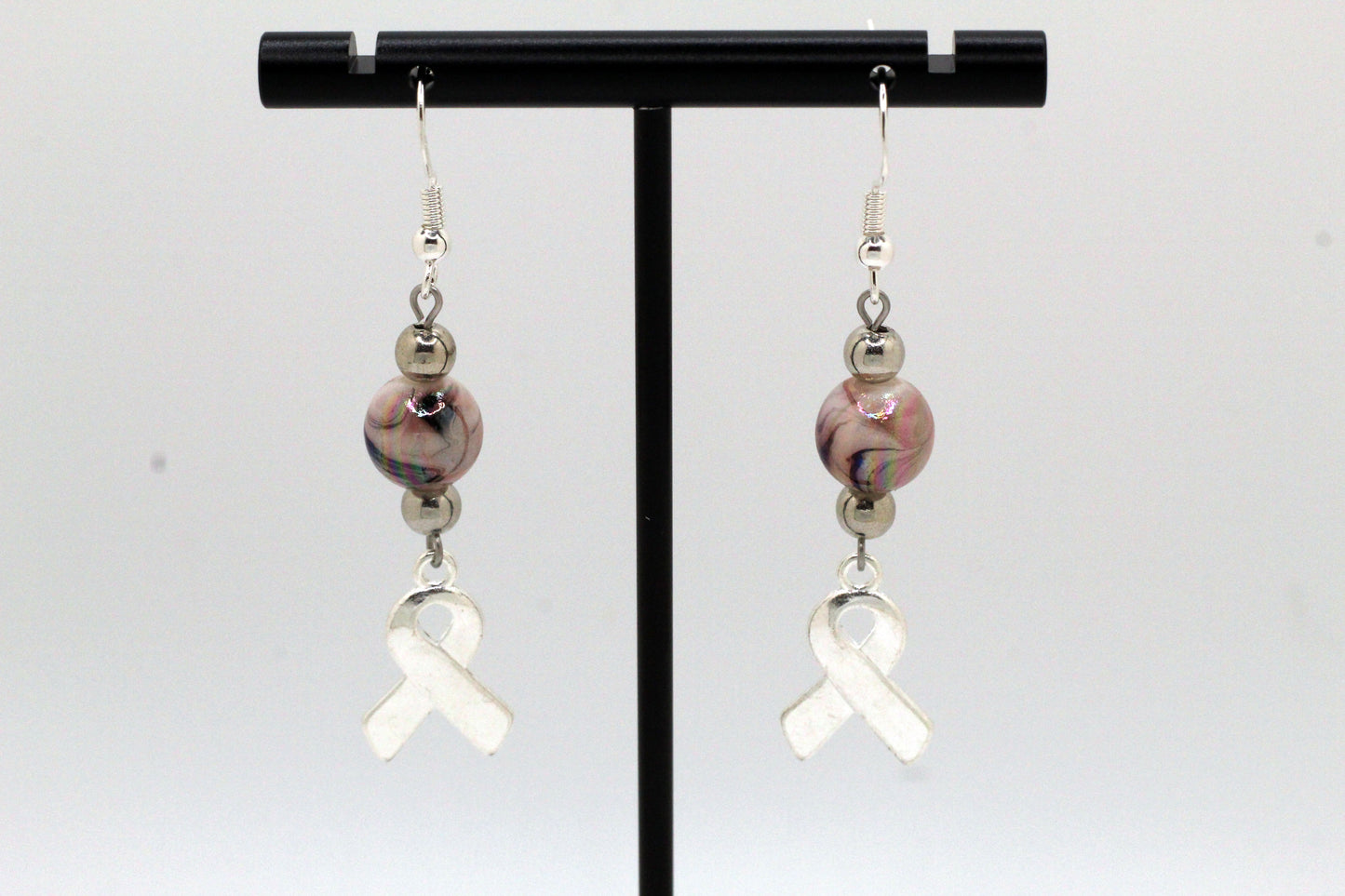 Pink Marbled Cancer Ribbon Earrings