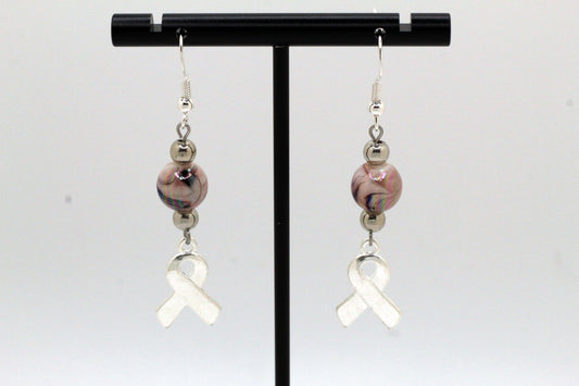 Pink Marbled Cancer Ribbon Earrings